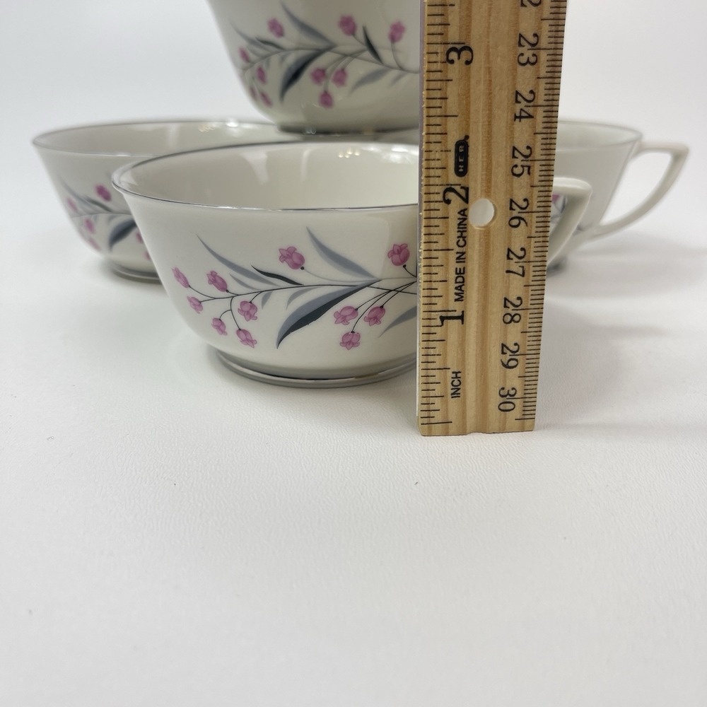Embassy USA China Tru Tone Footed Tea Cups Pink‎ Flowers Gray Platinum Rim - Picture 3 of 12